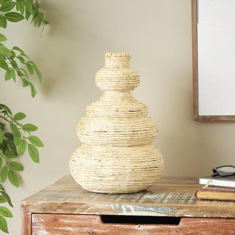 Deco 79 NWT 14" Handmade Seagrass Wrapped Decorative Wavy Vase In Light Beige